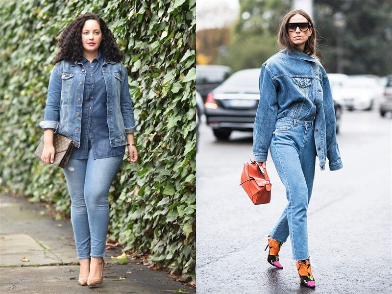Imagem em destaque de duas modelos usando conjunto de calça e jaqueta jeans