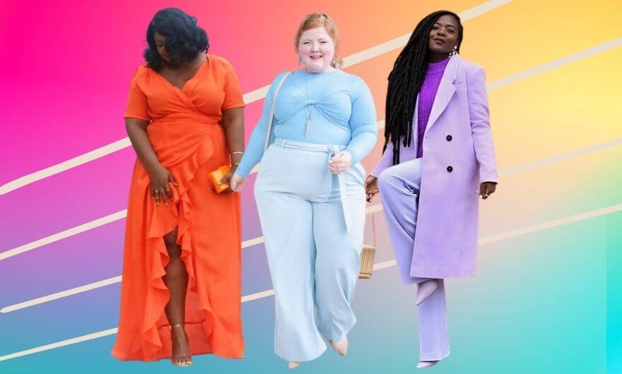 tres mulheres lado a lado usando looks com cores da moda