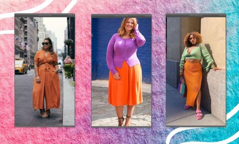 tres fotos lado a lado com tres mulheres usando looks com roupas laranja