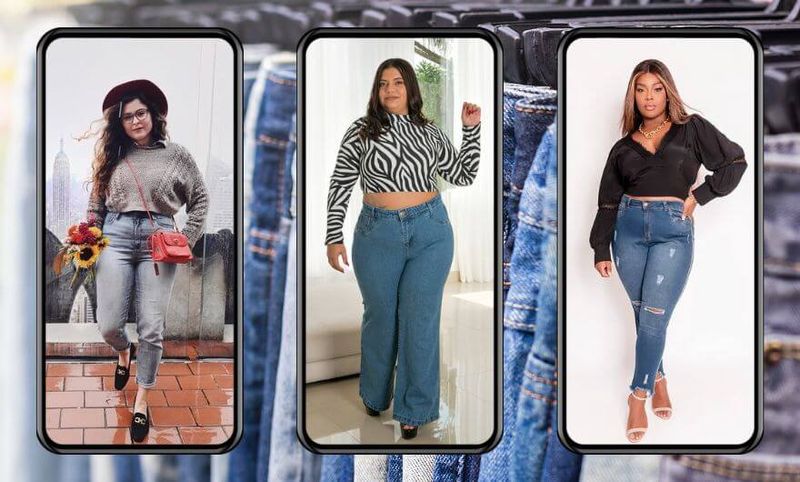 três modelos plus size  mostrando inspirações de look utilizando calça jeans em diferentes ocasiões 