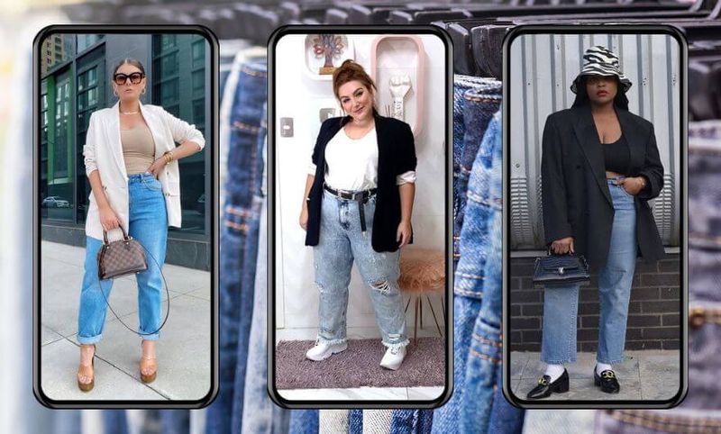 três modelos plus size  buscando looks mais neutros utilizando calça jeans