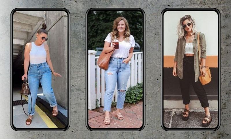 tres colagens lado a lado com foto de tres mulheres usando look com calça mom casual