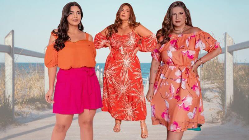 tres mulheres plus size usando roupas de estilo praiano com diferentes estampas